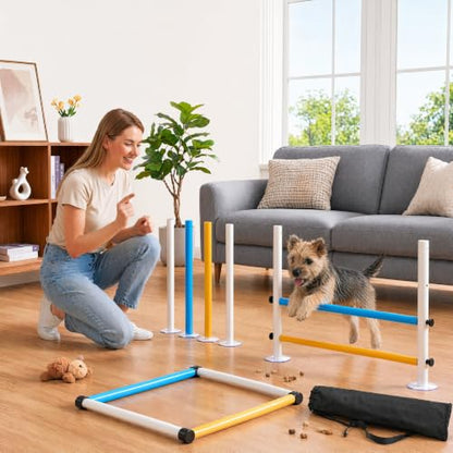 Wooden dog obstacle course indoor,Dog Agility Equipment with Suction Cups, Adjustable Puppy Play Gym Agility Hurdles,3-in-1 Dog Training Toys for Small Dogs, Portable Indoor Starter Kit with Guide