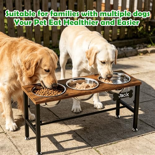 SHAINFUN Adjustable Height Elevated Dog Bowl Stand – Wooden Raised Dog Bowls with Three 58oz Stainless Steel Bowls & Mat for Small to Large Dog Breeds - color: Brown-1.7L-Three