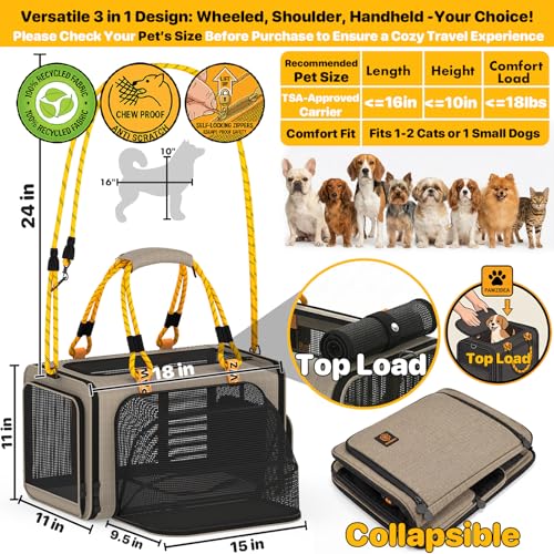 PAWZIDEA Expandable Pet Carrier Airline Approved, 18"×11"×11" Small Dog Carriers, Collapsible Top-Load Cat Carrier for 2 Cats Under Seat, Soft-Sided Puppy & Animal Travel Bag, ID Card, Up to 15lbs - color: Khaki Plaid, size: 18.0"L x 11.0"W x 11.0"H