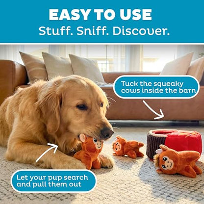 Outward Hound Hide-A-Cow Dog Toy, 2-in-1 Interactive Hide & Seek Plush Puzzle with Barn & 3 Squeaky Highland Cows - color: Cow