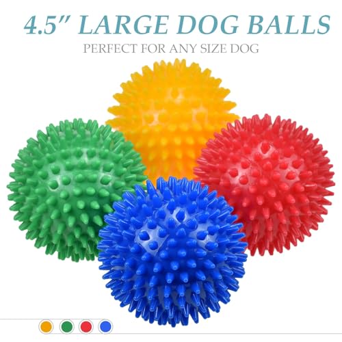Dog Balls 4.5” Squeaky Dog Toys Spikey Ball for Aggressive Chewers Heavy Duty Teething Large Medium Durable Dogs Balls (4 Pack) - size: 4.5 Set of 4