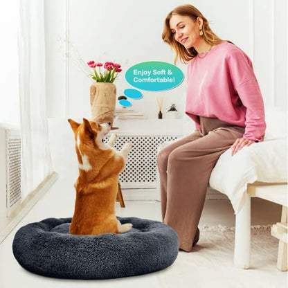 SAVFOX 45 inches Calming Donut Dog Bed - 3X Durable Plush Faux Fur, Machine Washable & Non-Slip, Fits up to 150 lbs, Dark Grey - color: Dark Grey, size: X-Large | 45"x45"