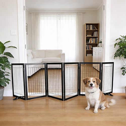 Dog Fence Indoor - 6-Panel Freestanding Dog Gate for Doorways, Hallways, House or Stairs -120x32-Inch Retractable Foldable Expandable Wood Pet by SFJC (Black) - color: Black, size: 【6 Panels】120''w X 32''h