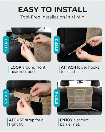 Dog Car Net Barrier 9-Grid Reinforced Easy Install | Beige, includes dog seat belt for car. Double mesh, storage pocket. Breathable, fits SUVs sedans trucks. Keeps dogs safe.