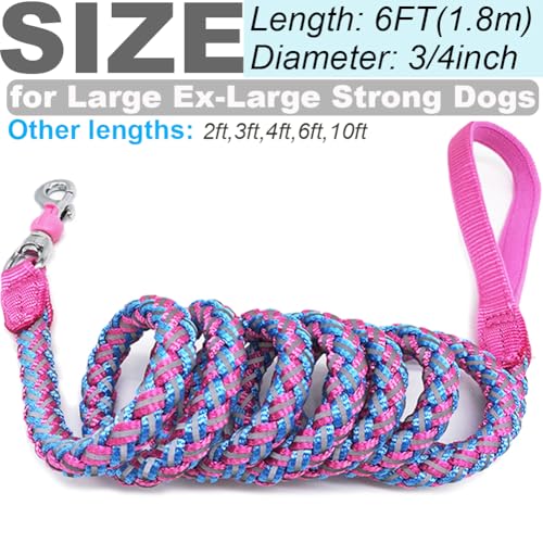 6ft Reflective Large Dog Leash, 3/4" Strong Nylon Thick Rope Braided Heavy Duty for Large Medium Dogs Walking Training Leads (Pink) - color: Pink, size: 6ft * 3/4"