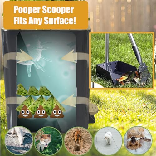Metal Dog Pooper Scooper for Yard - 3.2Gal Dog Poop Trash Can Outside with Pedal - Pet Waste Container Outdoor - Stainless Steel Garbage Bucket with Lid - Trash Bin, Long Handle Tray and Rake - Black