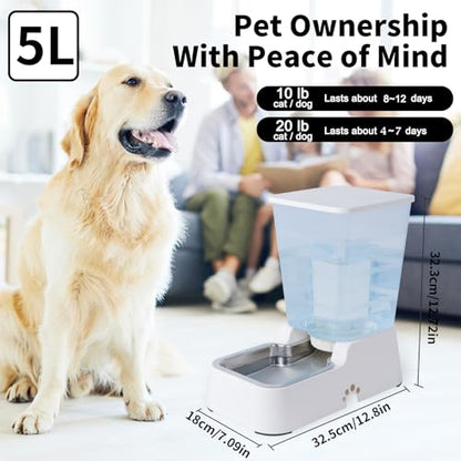 Meikuler Automatic Dog Cat Water Dispenser Large Capacity 5Lfor Cats and Medium and Large-Sized Dogs with Stainless Steel Bowl (Black, 5L) - color: Black