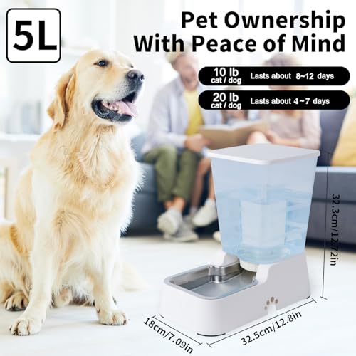 Meikuler Automatic Dog Cat Water Dispenser Large Capacity 5Lfor Cats and Medium and Large-Sized Dogs with Stainless Steel Bowl (White, 5L) - color: White