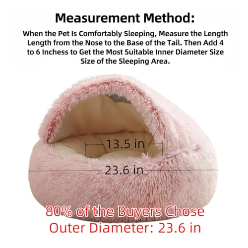 Cozy Zipper Convertible Cat Bed Cave, 2 in 1 Round Plush Donut Dog Bed with Removable Hood, Warm Fuzzy Enclosed Pet Nest Bed for Small Dogs Kittens, Machine Washable (Pink, 23.6 in Medium Size) - color: Pink, size: 23.6 in Medium Size