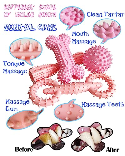 4 Pack Puppy Teething Toys Dog Durable Chew Toys Soft Rubber Toy Dog Teeth Cleaning Toothbrush Toy Cute Interactive Toys for Puppies Small Breed (Pink) - color: Pink
