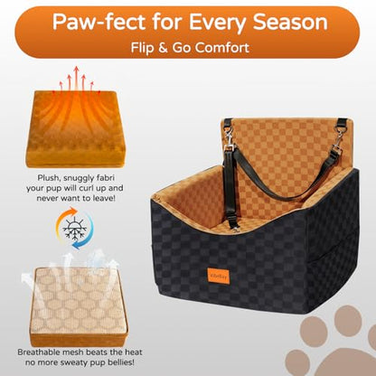 Dog Car Seats for Small Medium Dogs Up to 35lbs | Elevated Dog Booster Seat with Detachable Washable Cover & Cushion | Memory Foam Pet Car Travel Seat with Safety Belt and Storage Pockets - color: Brown