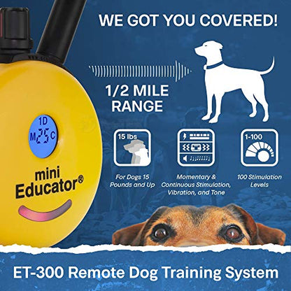 Educator ET-300 Mini E Collar for Dog Training with Remote - 1/2 Mile Range, Waterproof, 100 Blunt Stimulation Levels, Tone or Vibration Mode, Night Light Tracking for Small, Medium & Large Dogs - size: 1-Dog (ET-300)