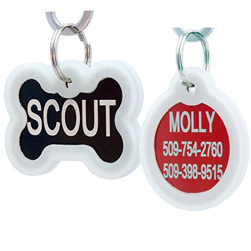 GoTags Personalized Pet ID Tags for Dogs and Cats, Anodized Metal Dog Tags in Bone, Heart, Bow Tie, Star, Round and Badge Shapes, Engraved with Name and Custom Text (Round with Silencer, Large) - style: Rectangle