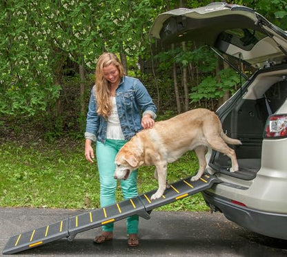 Pet Gear Tri-Fold Portable Pet Ramp for Dogs/Cats, 71" Long, Safety Yellow | Extra Wide, Holds up to 200lbs, Compact/Easy Fold with Safety Tether - color: SAFETY YELLOW