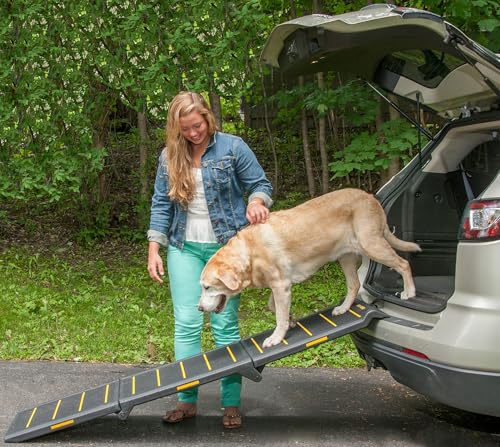 Pet Gear Tri-Fold Portable Pet Ramp for Dogs/Cats, 71" Long, Safety Yellow | Extra Wide, Holds up to 200lbs, Compact/Easy Fold with Safety Tether - color: SAFETY YELLOW