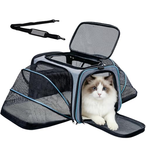 Double Expandable Cat Carrier,Airline Approved Soft-Sided Pet Travel Carrier for Small Dogs Cats under 15 lbs,Waterproof 600D Oxford Fabric with Washable Replacement Liner,Odor-Free & Claw-Proof(Blue) - color: Blue