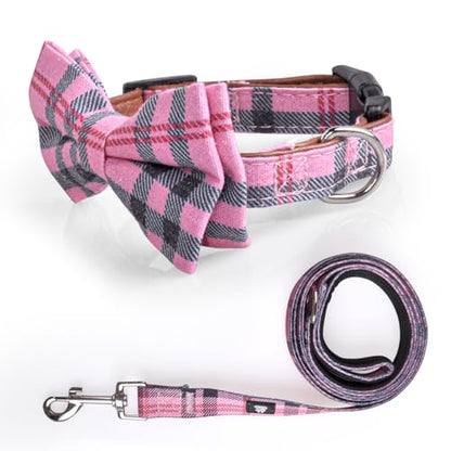 IVY&LANE Dog Collar with Bowtie and Leash Set | Plaid Adjustable Dog Collar | Detachable Bow Tie |5 FT Dog Leash | for Small Medium Large Dogs | Checkered Pink | Small - color: Checkered Pink, size: S