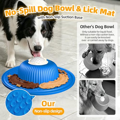 2-in-1 Dog Slow Feeder Bowl & Lick Mat with 2 Rotatable Balls, No-Slip Silicone Anxiety Relief Treat Mat for Dogs & Cats, Dishwasher Safe (Blue)