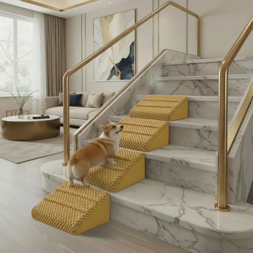 Dog Ramp for Stairs - Anti-Slip Foam Stair Wedges for Small & Senior Dogs, Cats, Gentle Slope Pet Steps with Washable Corduroy Cover, Self-Sticky Pads for Safe Climbing (Yellow-4 Pack) - color: Yellow-4 PACK