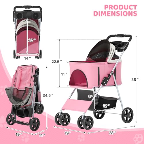 Magshion Foldable Pet Stroller, 3-in-1 Dog Travel Jogger with Detachable Carrier, Cup Holder, Storage Basket, Folding Carrier for Small/Medium Dogs & Cats Up to 33 lbs, Pink - color: Pink, style: Up to 33 lbs