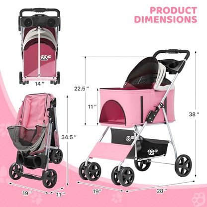 Magshion Foldable Pet Stroller, 3-in-1 Dog Travel Jogger with Detachable Carrier, Cup Holder, Storage Basket, Folding Carrier for Small/Medium Dogs & Cats Up to 33 lbs, Pink - color: Pink, style: Up to 33 lbs