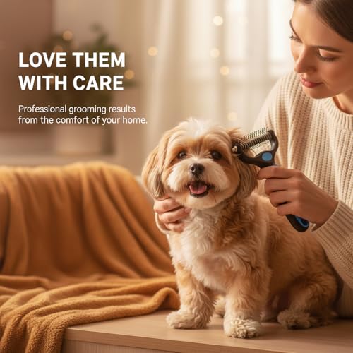 Pet Grooming Tool for Dogs & Cats, Double Sided Deshedding Brush with Undercoat Rake, Dematting Comb for Long Thick Coats, Pet Hair Removal Grooming Comb for Shedding & Detangling (1, Blue, Large)