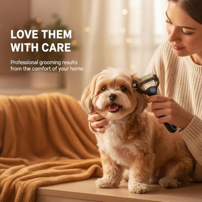 Pet Grooming Tool for Dogs & Cats, Double Sided Deshedding Brush with Undercoat Rake, Dematting Comb for Long Thick Coats, Pet Hair Removal Grooming Comb for Shedding & Detangling (1, Blue, Large)