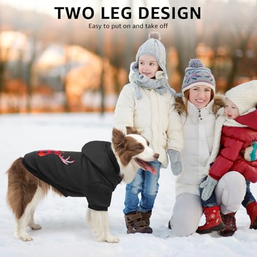 SCENEREAL Christmas Dog Hoodie with Leash Hole, Warm & Soft Fleece Pet Sweater & Sweatshirt for Small Medium Large Dogs, Xmas Elk Print Pets Clothes Cold Weather Costume, L - color: Black (Elk Print), size: Large
