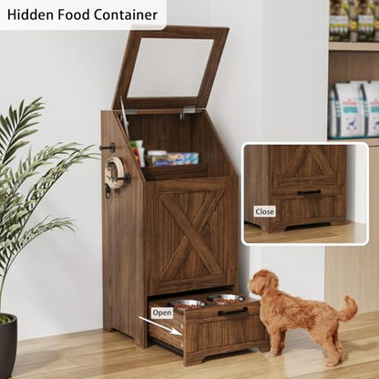 Dog Feeding Station with 2 Elevated Bowls, Dog Food Storage Cabinet with Pet Toy Organizer and Flip Top Pet Feeding Station,Hidden Pet Feeder Station for Cats and Dogs(Walnut) - color: Dog Feeding Station-Walnut