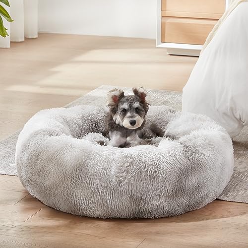 WESTERN HOME WH Calming Dog & Cat Bed, Anti-Anxiety Donut Cuddler Warming Cozy Soft Round Bed, Fluffy Faux Fur Plush Cushion Bed for Small Medium Dogs and Cats (20"/24"/27"/30"), White Grey - color: White Grey, size: 27.0"l x 27.0"w x 8.0"th