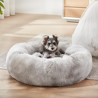 WESTERN HOME WH Calming Dog & Cat Bed, Anti-Anxiety Donut Cuddler Warming Cozy Soft Round Bed, Fluffy Faux Fur Plush Cushion Bed for Small Medium Dogs and Cats (20"/24"/27"/30"), White Grey - color: White Grey, size: 27.0"l x 27.0"w x 8.0"th