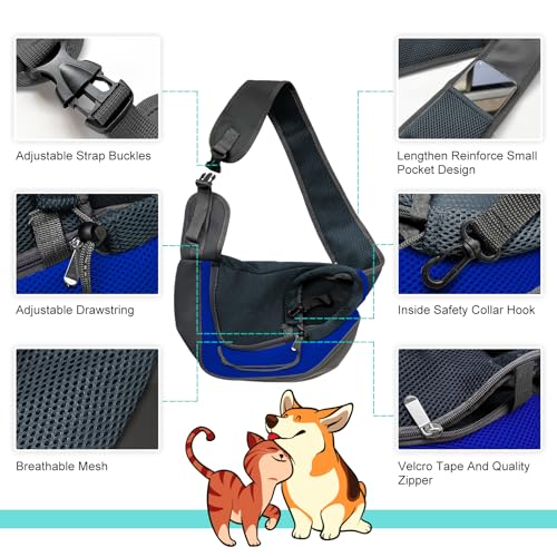 Pet Dog Sling Carrier, Breathable Mesh Adjustable Puppy Sling Carrier Hand Free for Small Medium Dog Cat Rabbit, L, Blue - color: Blue, size: 16.5"L x 10.2"W x 2.0"H