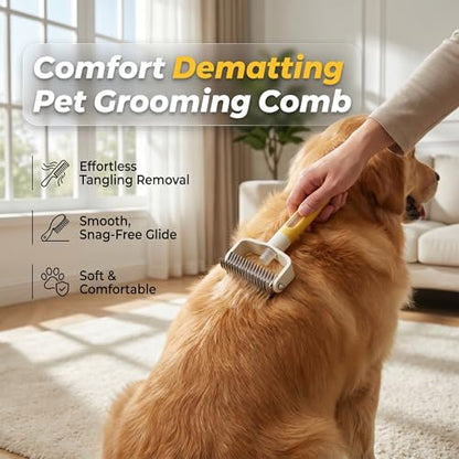 Double Sided Dematting Comb for Cats & Dogs, Undercoat Rake, Safe Deshedding Grooming Tool, Gentle Matt Remover Detangler for Long Thick Haired Pets, Ergonomic Pet Grooming Brush (Yellow) - color: Yellow