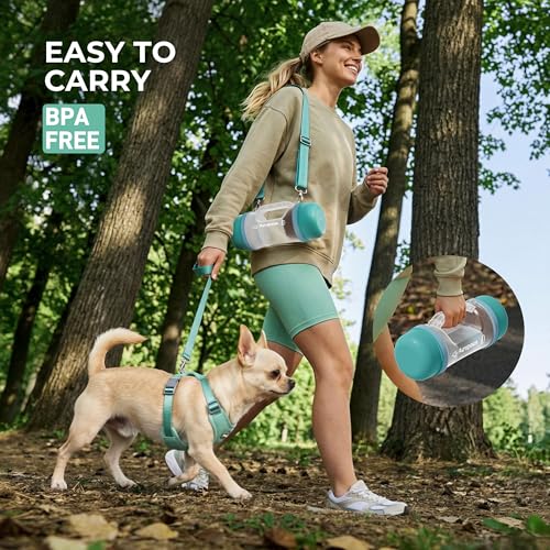 Dog Water Bottle 33.5 Oz with Food Container & 2 Detachable Bowls, BPA-Free - Portable Travel Water Bowl with Shoulder Strap, Leak-Proof Pet Dispenser for Dogs Walking, Hiking, Beach