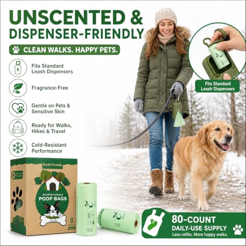 Home Compostable Dog Poop Bags, BPI & OK Compost HOME Certified | 0.6 Gallon, Thick Gusseted Unscented, 80ct, LeakProof T-Shirt Handles for Easy Knotting, Suitable for Small Medium Large Dogs