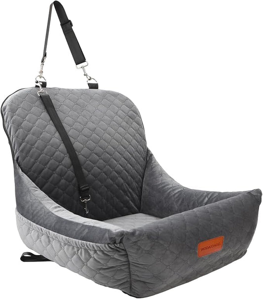WOOAIDAGG Dog Car Seat,Fully Detachable and Washable Cover,Easy to Assemble,Comfy Cushion Fill in Memory Foam,2 Clip-On Safety Leashes and Storage Pockets (Grey) - color: Grey