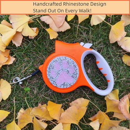 Led Retractable Dog Leash – 16ft Leash with Handcrafted Sparkle Detail Tangle-Free One-Hand Brake Soft Grip Handle for Small & Medium Dogs Up to 77lbs (DL-Orange) - color: DL-Orange