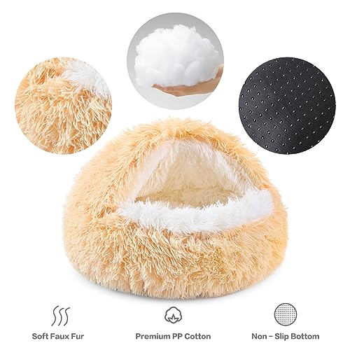 NOYAL Round Hooded Plush Cat Cave Donut Anti Anxiety Fluffy Bed for Small Medium Dog and Cat - color: Golden, size: Small 19.6''