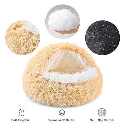 NOYAL Round Hooded Plush Cat Cave Donut Anti Anxiety Fluffy Bed for Small Medium Dog and Cat - color: Golden, size: Small 19.6''