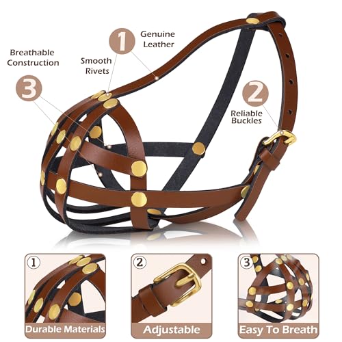 OOPSDOGGY French Bulldog Dog Muzzle for Short Snout Dog - Leather Breathable Secure Basket Muzzle for Frenchie Prevents Biting No Chewing Adjustable (Brown) - color: Brown