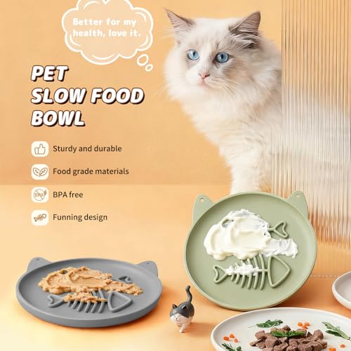 Slow Feeder Cat Bowl, 2 PCS Silicone Cat Bowl, Slow Feeder Ideal for Dry and Wet Food, Easy to Clean, Interactive Puzzle Toy for Pets Food Training, Keeps Cats Busy,6.69" W*0.65" H - color: 2Pack-Grey Green&Grey
