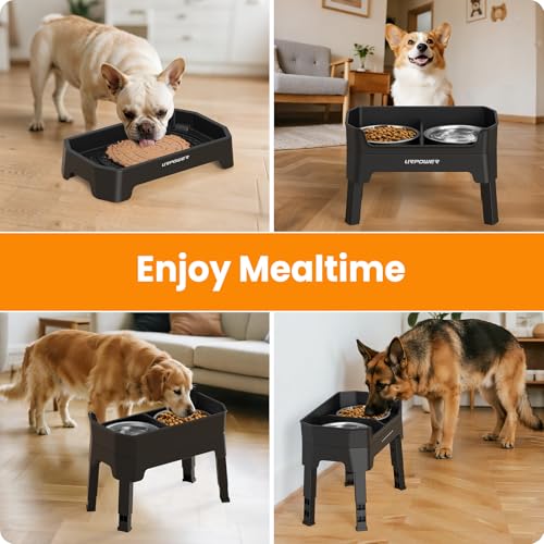 URPOWER 3-in-1 Elevated Dog Bowls - Mess Proof Double Deck 4 Height Adjustable Raised Stand with 2 Stainless Steel Food Bowls & Licking Plate for Small, Medium & Large Dogs - color: Black, size: Large