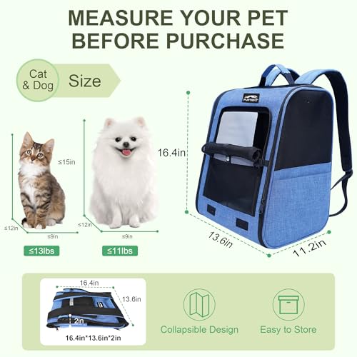Cat Backpack Carrier with Ventilation Mesh and Safety Leash, Lightweight Dog Travel Backpack with Pockets, Reflective Strip, and Removable Mat,Hiking and Outdoor Use,Blue