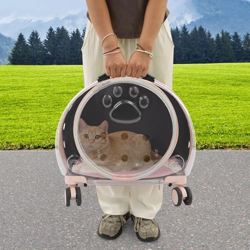 Cat Carrier with Wheels, Breathable Cat Rolling Carrier with Telescopic Handle, Bubble Cat Backpack Carrier, Pet Travel Bag for Small Dogs Pets, up to 19lbs, 15.7" x 10.6" x 17.7" (Pink) - color: Semi-Transparent Pink