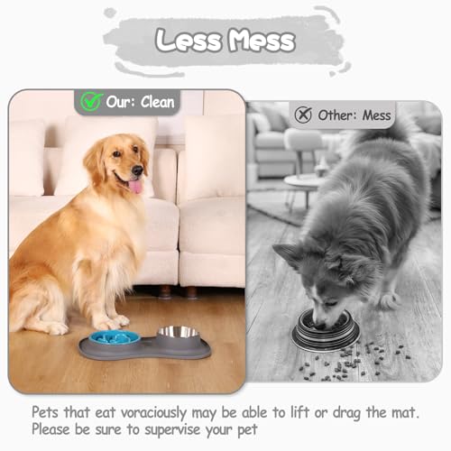 MateeyLife Dog Food and Water Bowl Set 3 in 1, Slow Feeder Dog Bowls & Stainless Steel Water Bowl with Non-Spill Silicone Mat, Cat and Puppy Bowls Pet Dishes for Small Medium Large Breed Anti-Choking - color: Gray, size: Small