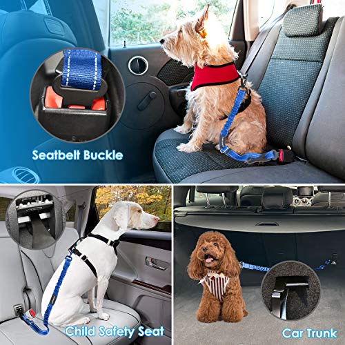 URPOWER 3-in-1 Dog Seat Belt for Car, 2 Pack Adjustable Bungee Dog Car Harness with Seatbelt Buckle & Latch Hook, Reflective & 360° Swivel Heavy Duty Pet Safety Belts for Dogs and Cats - color: Blue