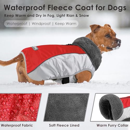 Petglad Dog Coat, Waterproof Ripstop Dog Winter Jacket with Leash Hole, Reflective Adjustable Warm Pet Fleece Snow Sweater for Small Medium Large Dogs - Red, XL - color: Red, size: XL