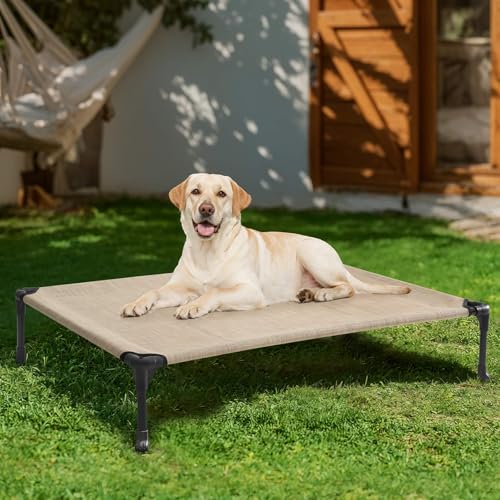 Veehoo Outdoor Elevated Dog Bed Large Sized Dogs, Cooling Raised Dog Cot Off Ground Hammock Pet Beds with Breathable Mesh, No-Slip Feet, 42"x30", Beige Coffee - color: Beige Coffee, size: 42.0"L x 30.0"W x 7.0"Th