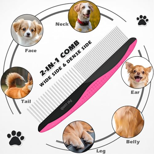 3PCS Pet Grooming Rake & Metal Comb & Flea Comb for Cats and Dogs, Double-Sided Dematting Tool, Extra-Wide Deshedding Dog Brush for Long Hair to Effectively Remove Tangles, Knots and Mats (Pink) - color: Pink