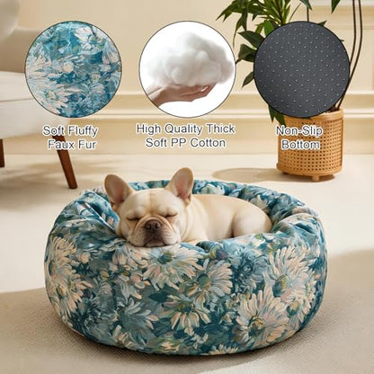 Dog Calming Beds for Small Medium Large Dogs - Round Donut Washable Puppy Dog Bed, Anti-Slip Faux Fur Fluffy Donut Cuddle Anxiety Cat Pet Bed (28" Flower) - color: Flower, size: 28"L x 28"W x 8"Th